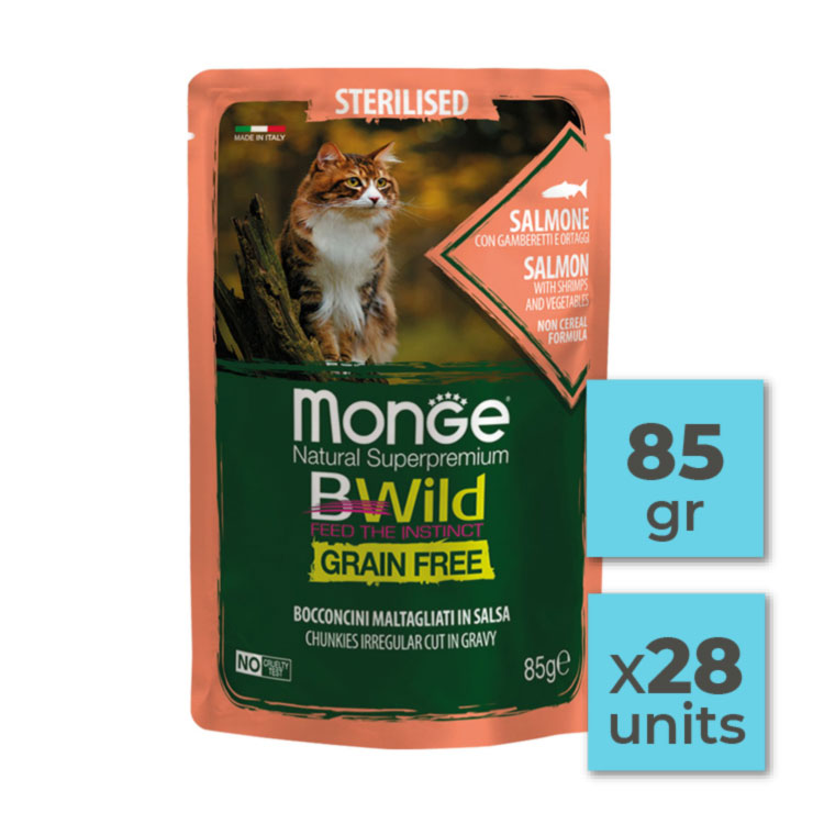 Pack Pouches de comida en salsa para gato esterilizado de salmón gambas y verduras - 85gr (28u)