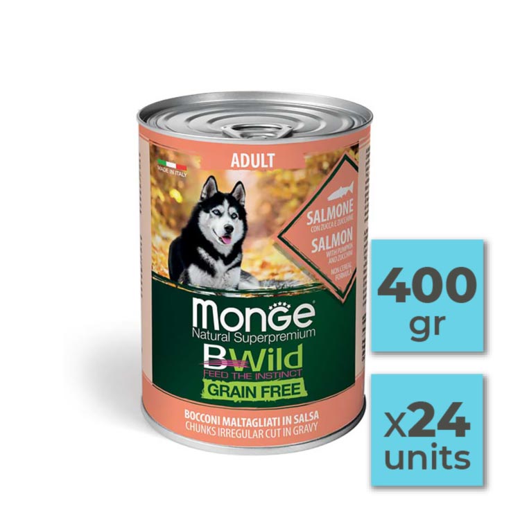 Pack latas de comida en salsa para perro adulto con salmón - 400gr (24u)