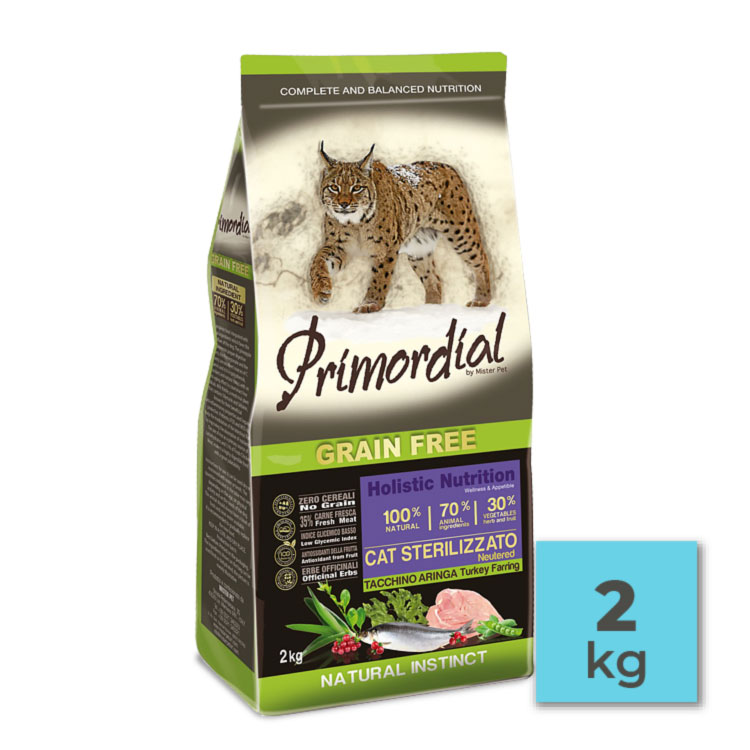 Pienso sin cereales para gatos esterilizados con pavo y arenque – 2Kg