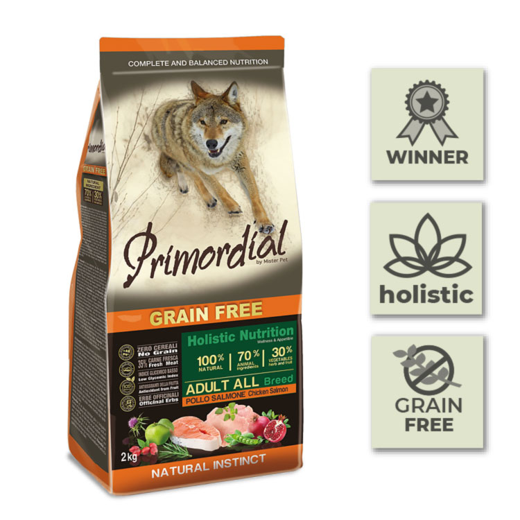 Pienso sin cereales para perros adultos con pollo y salmón – 2Kg