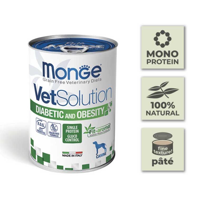 Pack Latas de paté para perro Monge Vetsolution - Diabético y Obesidad - 400gr (12u)