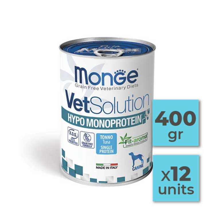 Pack Latas de paté para perro Monge Vetsolution - Hipo Monoproteico de Atún - 400gr (12u)