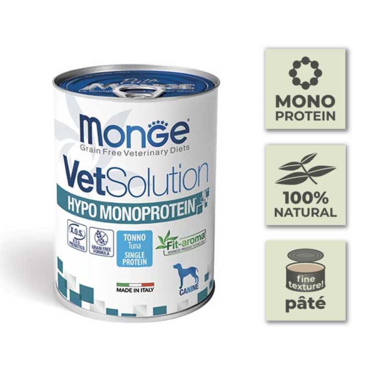 Pack Latas de paté para perro Monge Vetsolution - Hipo Monoproteico de Atún - 400gr (12u)