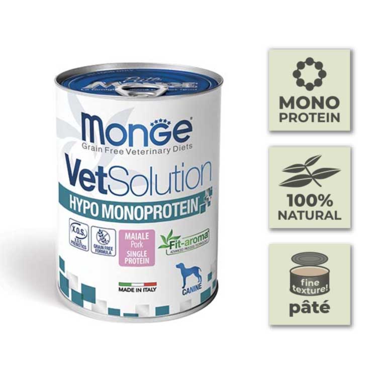 Pack Latas de paté para perro Monge Vetsolution - Hipo Monoproteico de Cerdo - 400gr (12u)