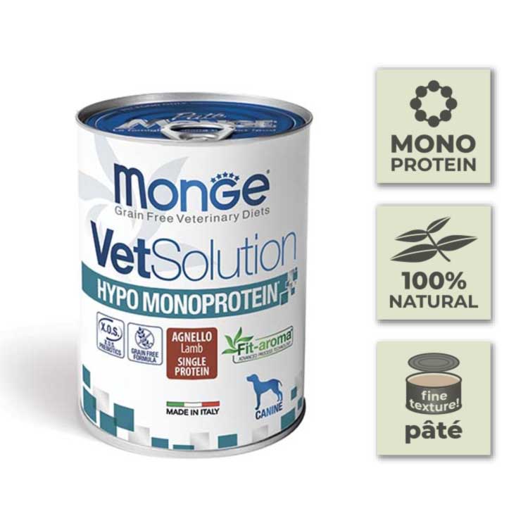 Pack Latas de paté para perro Monge Vetsolution - Hipo Monoproteico de Cordero - 400gr (12u)