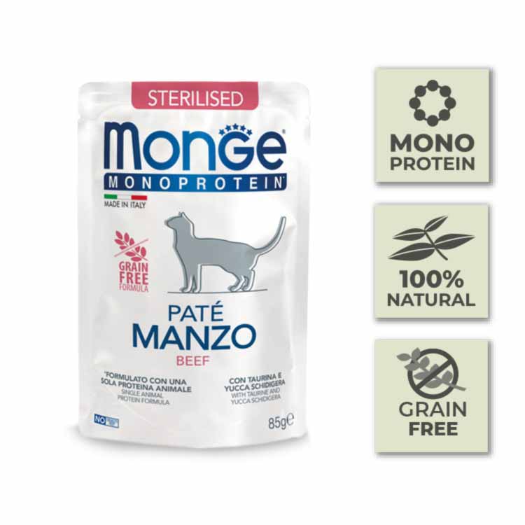 Pack de pouches de comida en salsa monoproteico de ternera para gato esterilizado - 85g (24u)