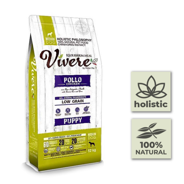 Pienso con pollo bajo en cereales para cachorros de perros medianos – 12Kg